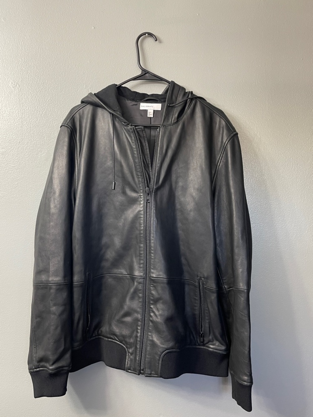 Calibrate mens black leather bomber geniube leather jacket large